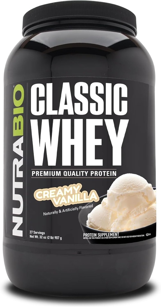 NutraBio Classic Whey Protein Powder- 25G of Protein Per Scoop - Full-Spectrum Amino Acid Profile - No Fillers, Artificial Colors, Preservatives - Low Glycemic Index - Creamy Vanilla, 2 Pounds