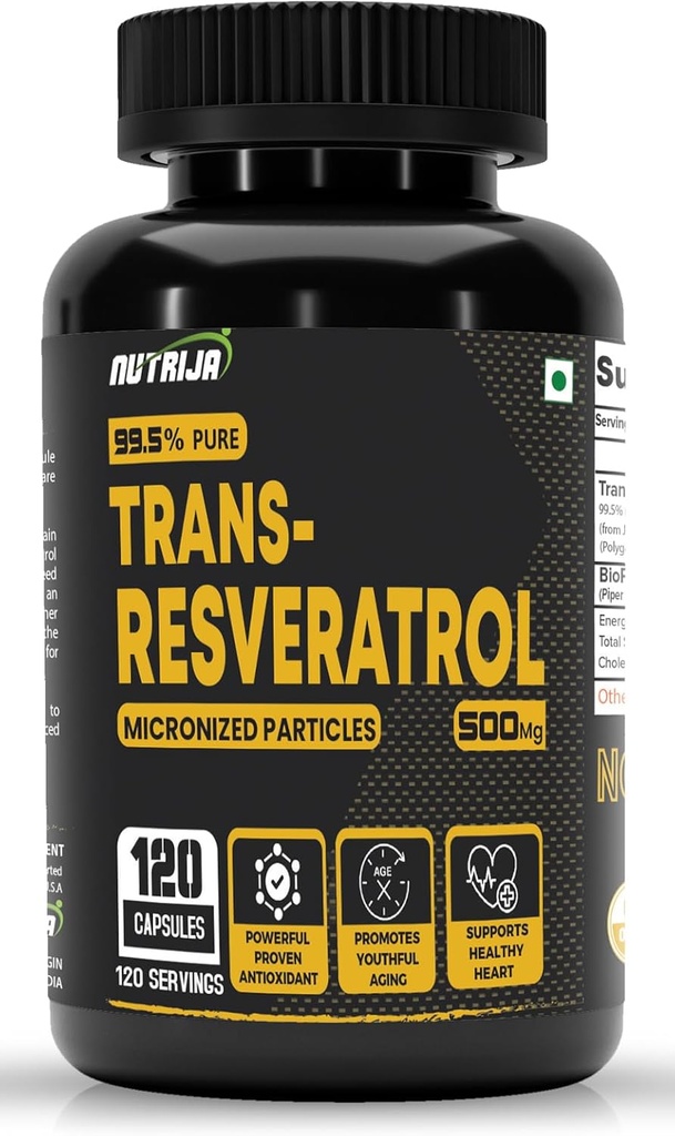 トランスレスベラトロール 500MG カプセル - 99.5% 純粋な微分化され、高生のサプリメント | スローダウンエイジング, 実績のある強力な酸化防止剤 | 代謝と心臓の健康を改善 (120 カプセル)