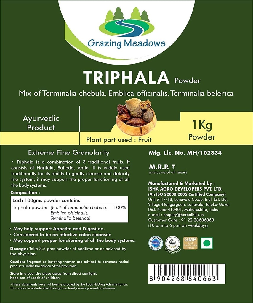 Meadows の Triphala の粉- 1 つの Kg の Triphala のチャーナの粉をつかんで下さい