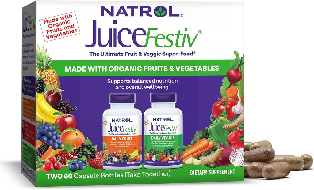 Natrol JuiceFestiv、究極のフルーツとベジギースーパーフードはバランスの取れた栄養と全体的なウェルビーイングをサポートするだけでなく、細胞の健康のための抗酸化剤、60カプセル(2-カウント)、最大30日の供給