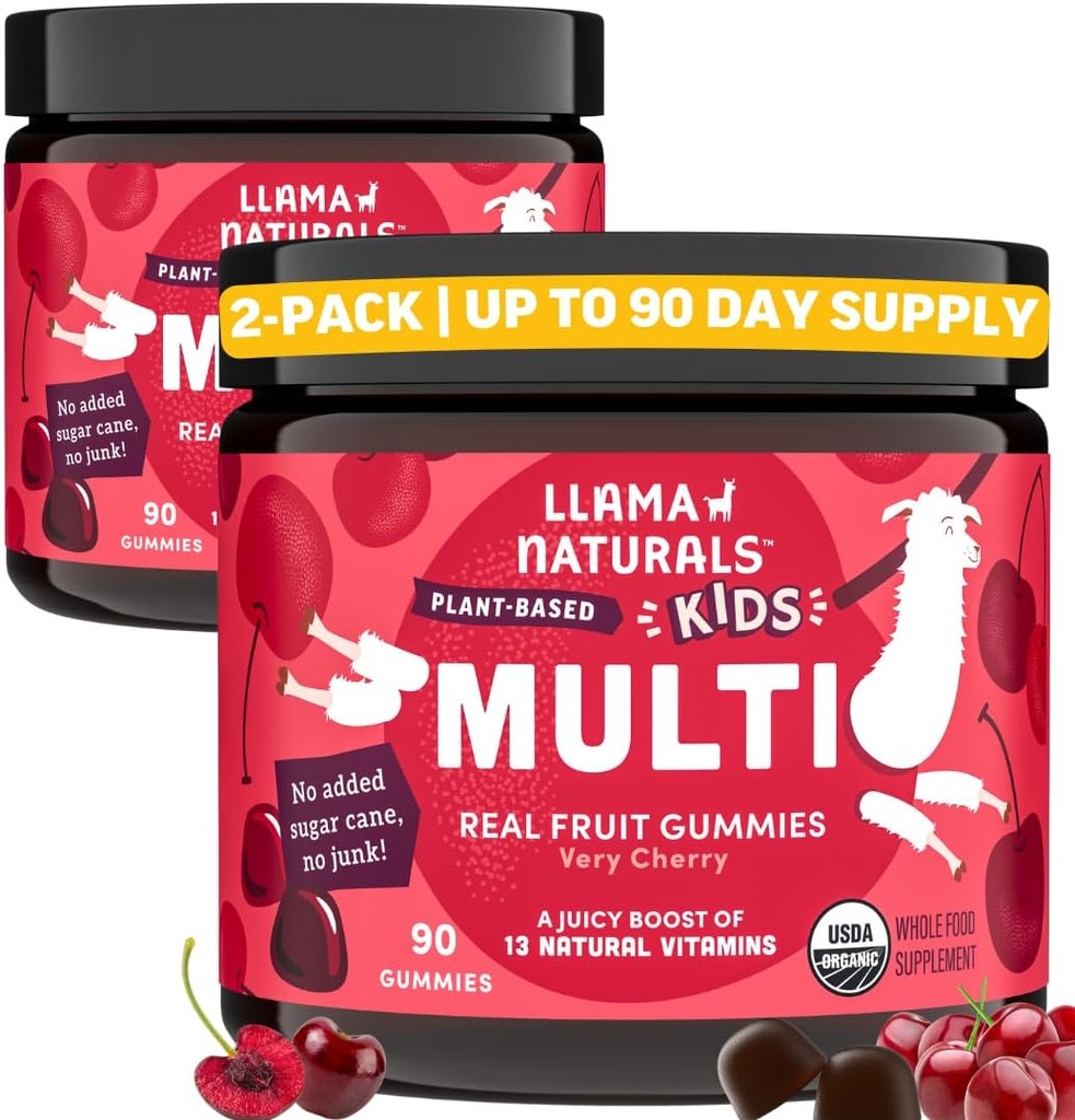 Llama Naturals Kids Multivitamin Gummies, ビーガン, ビタミンDと有機性, C&K, トールダール実質のフルーツのおいしいビタミン, 咀嚼可能なサプリメント, 全食品マルチビタミン, 砂糖ケーンなし, チェリー, 2 Pk