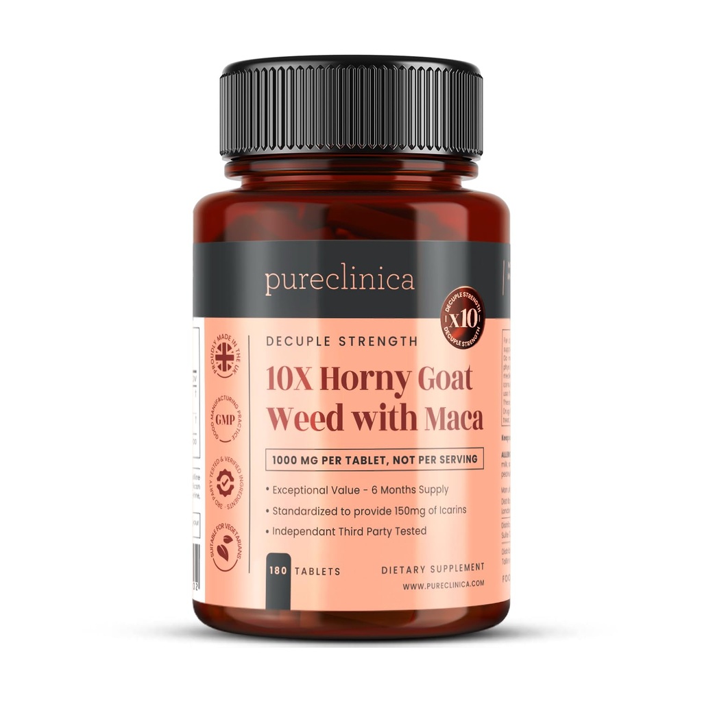 Pureclinica 10Xの角のヤギの雑草及びマカのエキス6250mg x 180のタブレット(6か月の供給)-10 xより多くのイカリジン- 300%のためのw/5mgの黒のペッパーのエキスは吸収を増加させました