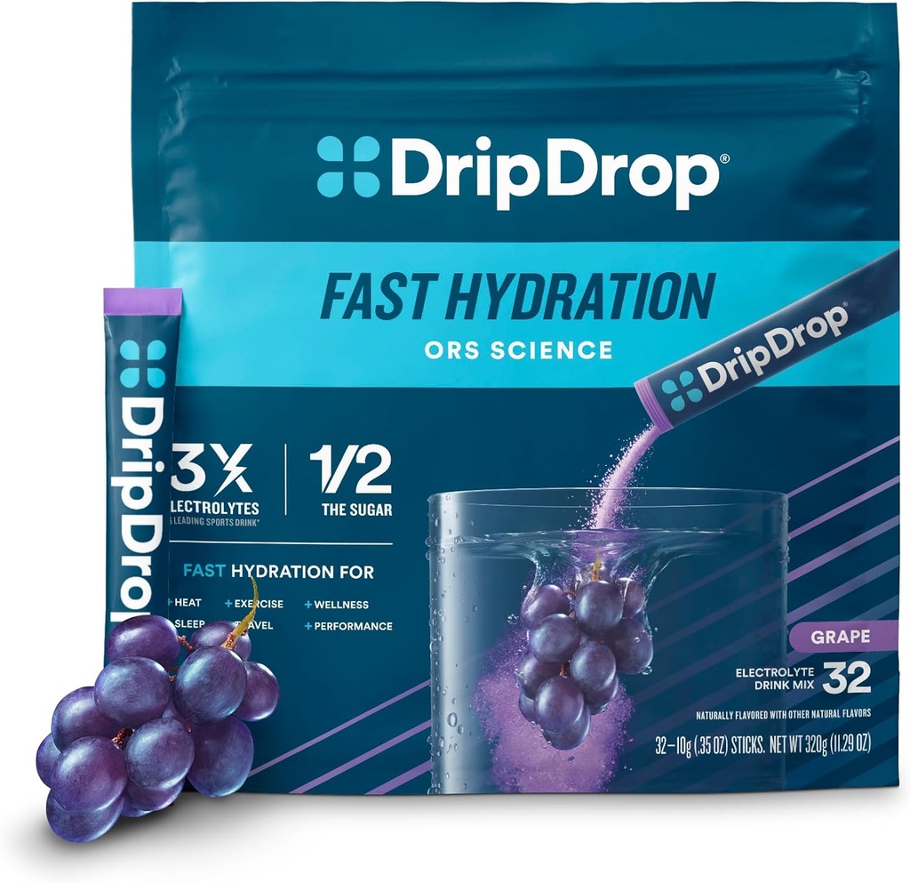 DripDrop Hydration Packets - グレープ - シングルセルブ電解質パウダードリンクミックス - Non-GMO、グルテンフリー、ビーガン - 32スティック