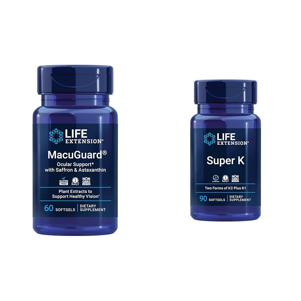 Lutein、Meso-Zeaxanthin、SaffronおよびAstaxanthinのライフエクステンションのMacuguardの目の健康の補足- 60の計算および極度のKのビタミンK1 K2 MK-7 MK-4のビタミンC - 90のSoftgels