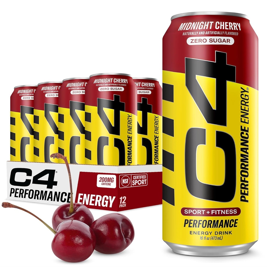 C4 Energy Carbonated Zero Sugar Energy Drink, Pre Workout Drink + Beta Alanine, Midnight Cherry, 16 Fl Oz (Pack of 12)