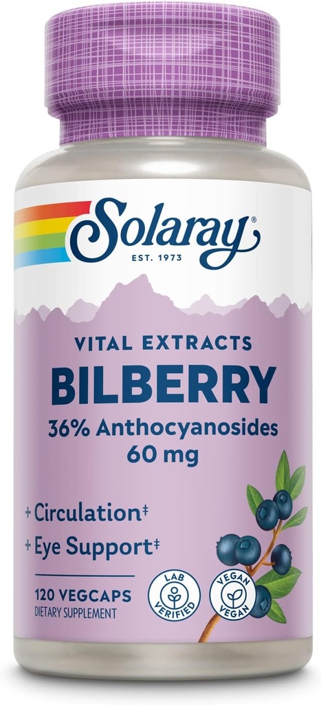 SOLARAY Bilberry Berry Extract 60 mg Per Capsule, Powerful Antioxidant, Guaranteed Potency for Healthy Vision & Circulation Support 120 VegCaps