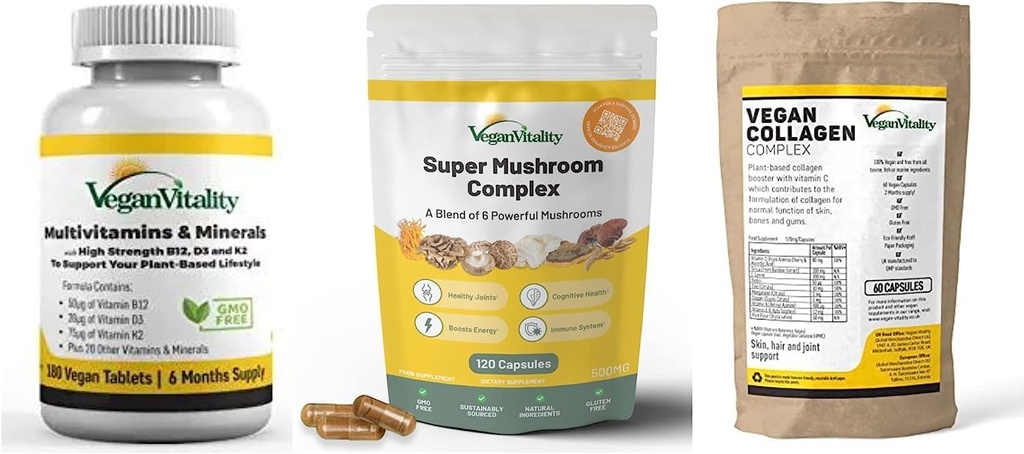Vegan Vitality Booster Supplements Bundle - Vegan multivitamins, Collagen and Super Mushroom Complex. High Strength Plant-Based Formula for Overall Health for Vegans and Vegetarians