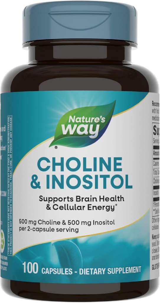 Nature's Way Choline & Inositol, 脳の健康と細胞エネルギーをサポート*, 500 mg Choline & 500 mg Inositol per 2-カプセルサービング, グルテンフリーグルテン, 100 カプセル (パッケージ 5 月 Vary)
