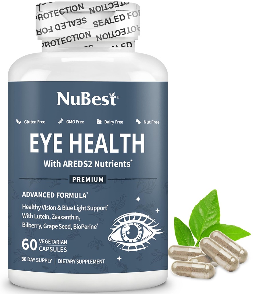 NuBest はベータ カロテンのニンジンの粉、20mg ルテイン、4mg ゼアキサンチン、ビルベリー、ブドウの種、BioPerine、B-コンプレックス、目の健康のためのMultivitamin が付いている 2 つの目のビタミンをです  1 か月の供給