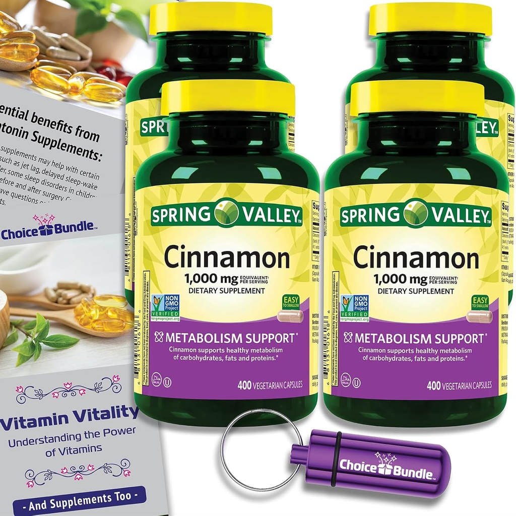 Choice Bundle Spring Valley Cinnamon Dietary Supplement 1000mg 400 ct Vegetarian Capsules 4 pk (1600 Total) + “Vitamin Vitality” Guide & Pill Container (6 Items)!