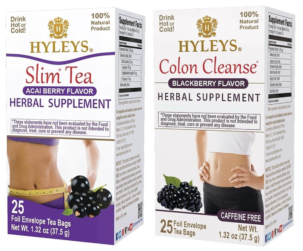 Hyleys Weight Supplements Tea Bundle - Slim Tea & Colon Cleanse - 50 Tea Bags Total (2 Pack)