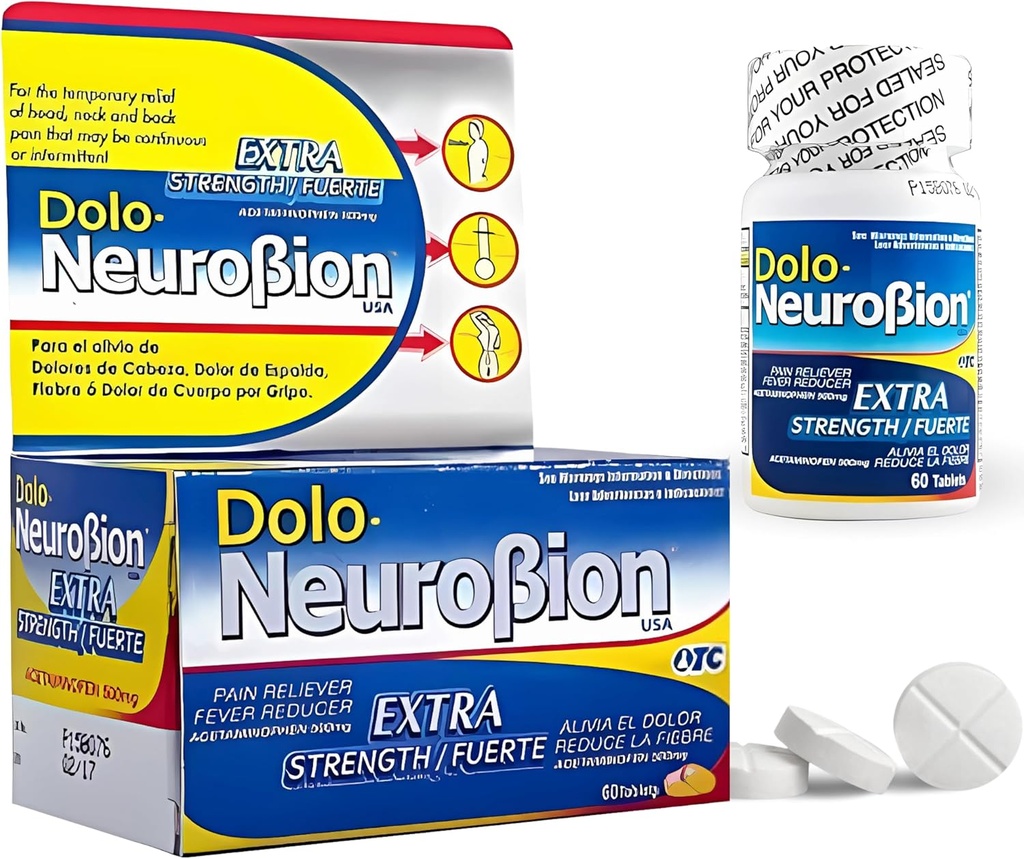 Dolo Neurobion痛みリバイバー、フィーバー減速機、余分な強度。 Alivia el Dolor,Reduce la Fiebre, Extra Fuerte. 60錠. アセトアミノフェン 500 mg