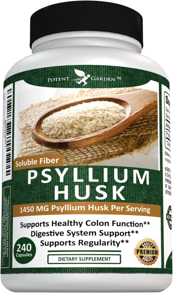 Potent Garden Psyllium Husk Capsules All Natural & Powerful Soluble Dietary Fiber Supplement Helps Support Regularity & Digestion, 240 Caps