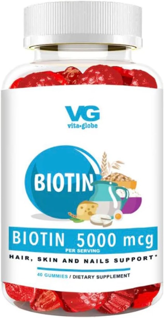 VITA GLOBE Biotin グミー 5,000 mcg – 余分な強度の髪, 皮膚 & 爪のサポート – 混合ベリー風味, ビーガン, 女性のための非GMO Gummyビタミン & 男性 – 40 カウント (パック 1)