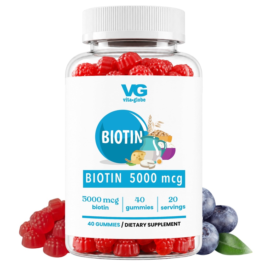 VITA GLOBE Biotin グミー 5,000 mcg – 余分な強度の髪, 皮膚 & 爪のサポート – 混合ベリー風味, ビーガン, 女性のための非GMO Gummyビタミン & 男性 – 40 カウント (パック 1)