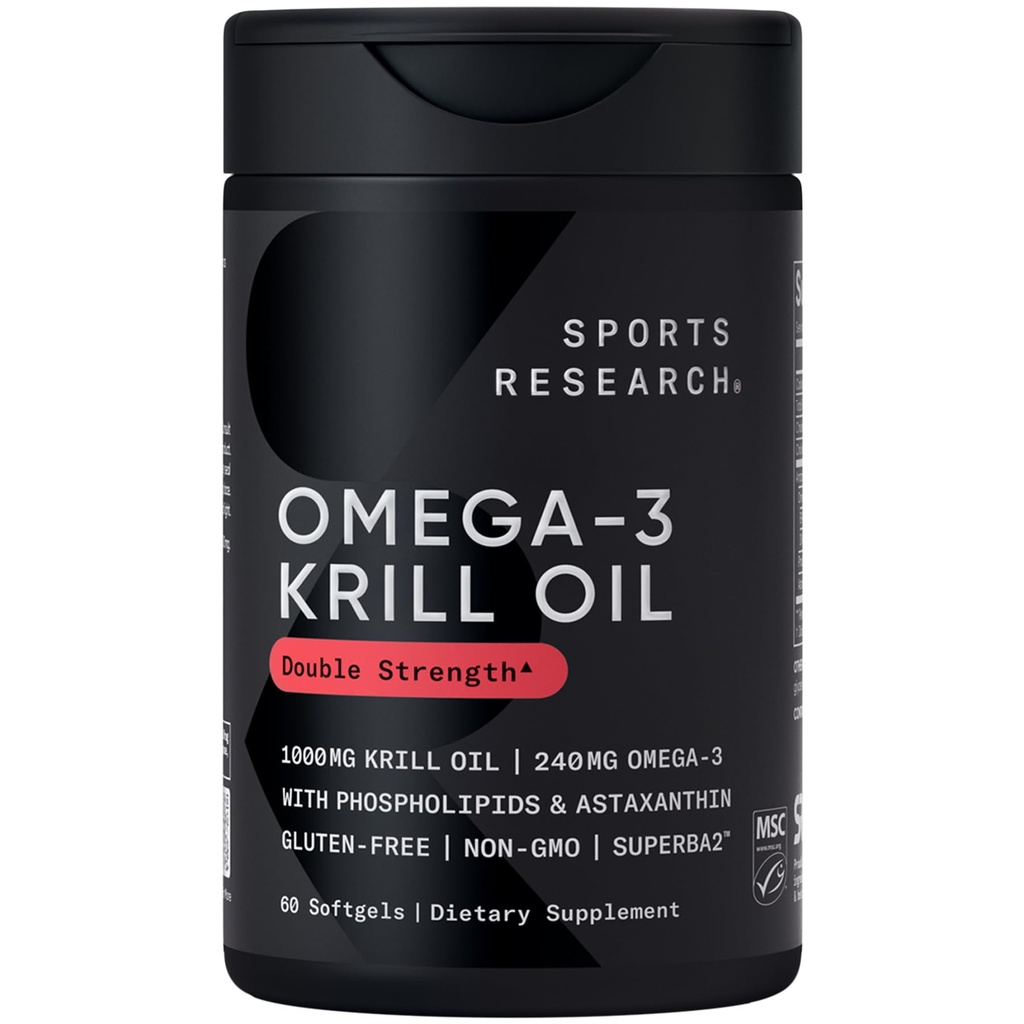 EPA&DHAオメガ3、リン脂質とアスタキサンチンのスポーツリサーチKrillオイルサプリメント - 男性と女性のためのKrillオイルの最も高い濃度 - 1000mg、60Softgelカプセル
