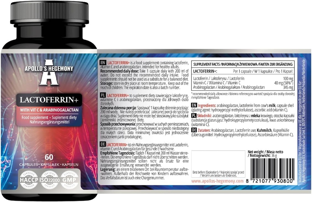 APOLLO'S HEGEMONY Lactoferrin + 100 mg - ビタミンCとArabinogalactan - 60ビーガンカプセル - 2ヶ月の供給 - 高められた免除および鉄の吸収のための