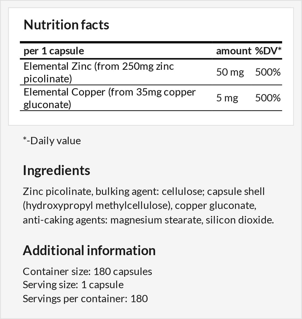 Zバランス - 亜鉛50mg +クーパー5mg - 180ビーガンカプセル - 6ヶ月の供給 - 亜鉛ピコラントとクーパーグルコネートサプリメント健康な髪、皮膚と爪 - アポロのヘゲモニー