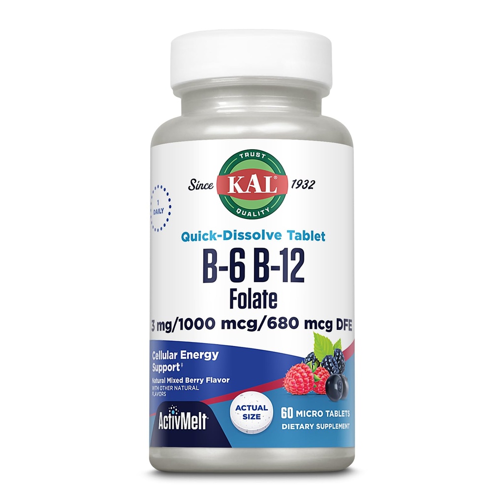 KALのビタミンB-6、B-12及び葉酸の補足、中心の健康、エネルギー及び赤血球サポート*、ビタミンB12のMethylcobalamin及び葉酸塩、自然な果実味、60のサービング、60のActivMeltのマイクロ タブレットと