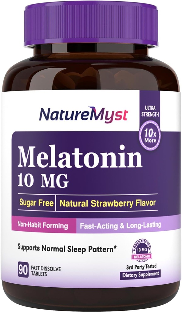 Melatonin 10 MG、速い分解のタブレット、超強さ、非習慣の形成、睡眠及びカルムネス サポート、砂糖無し、自然ないちごの味、90のタブレット