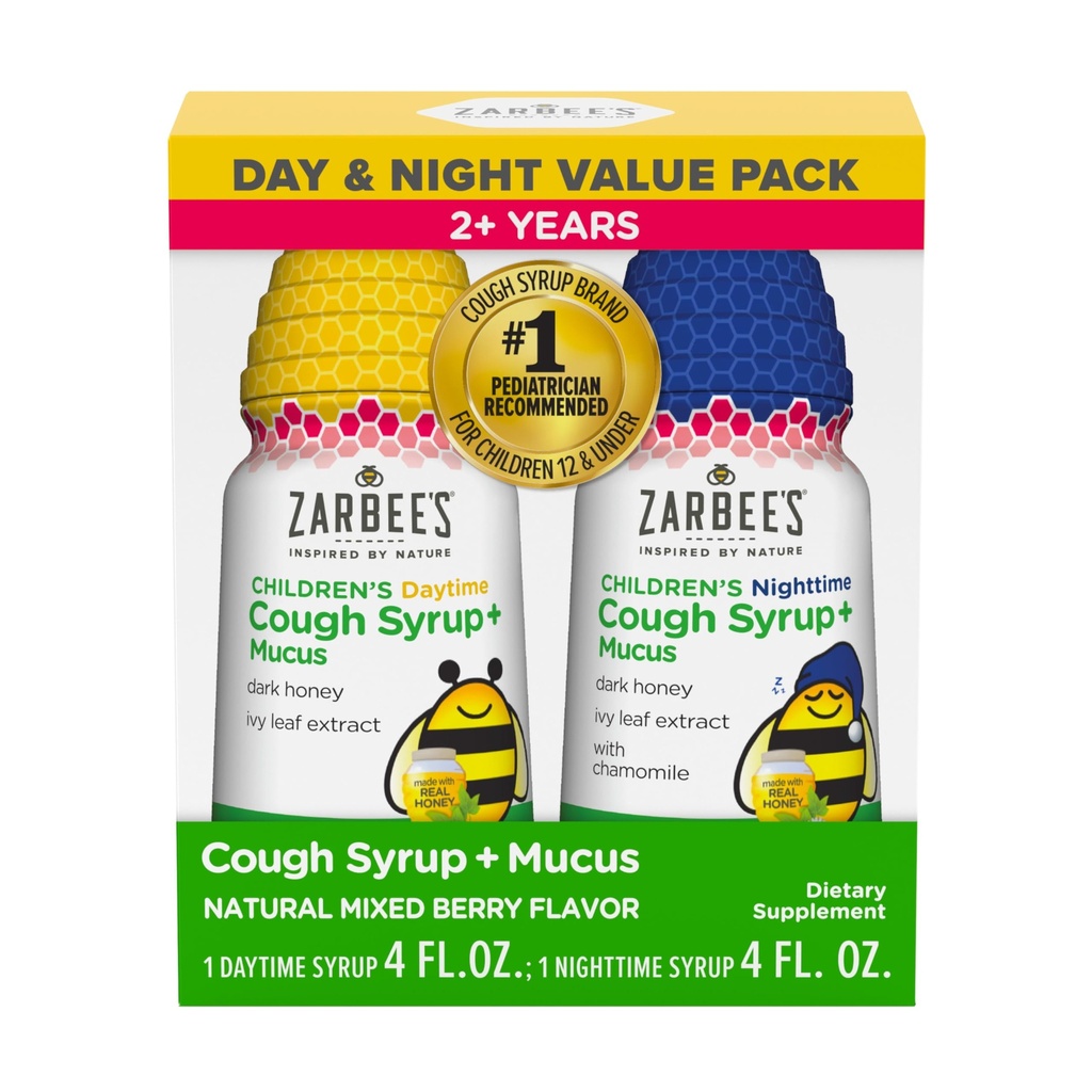 Zarbee's Children's Honey Cough Syrup + Mucus Day & Night Value Pack, Daytime & Nighttime Toddler Cough Syrup, ダークハニー, アイビーリーフエキス, Chamomile, ミックスベリー風味, 2X 4 Fl Oz
