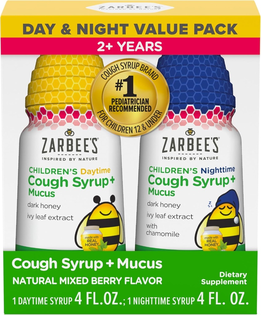 Zarbee's Children's Honey Cough Syrup + Mucus Day & Night Value Pack, Daytime & Nighttime Toddler Cough Syrup, ダークハニー, アイビーリーフエキス, Chamomile, ミックスベリー風味, 2X 4 Fl Oz