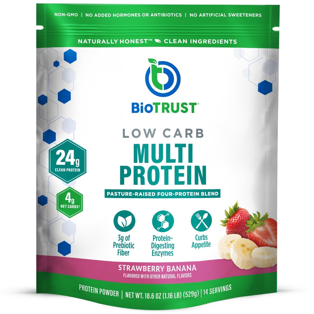BioTrust 低炭水化物プロテインパウダー - 草供給ホルモンフリー牛のおいしいウイー&カゼインブレンド - 非GMO、グルテンフリー(イチゴバナナ)