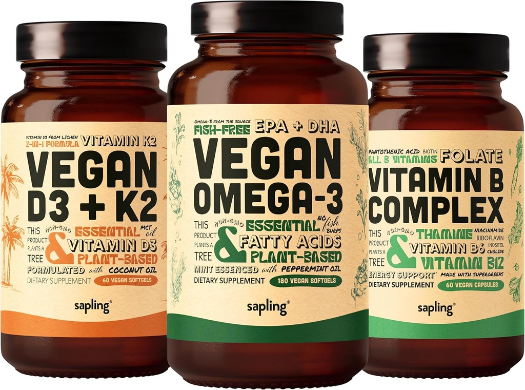 Vegan Omega 3 180 Softgels & Vegan D3 + K2 & Vitamin B Complex Bundle - Plant Based DHA & EPA Fatty Acids, 4000 IU Vitamin D3 and 100mcg Vitamin K2, Essential B Vitamins