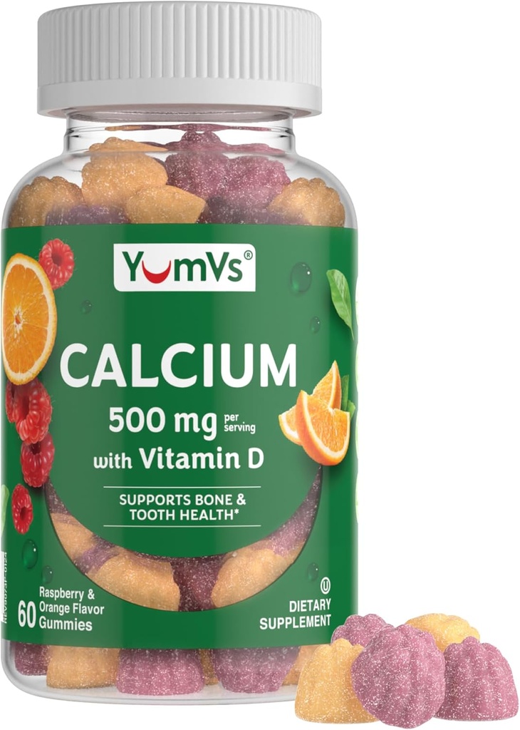 YumVs Calcium 500mg with Vitamin D3 - Raspberry & Orange Flavor Calcium Vitamin D Gummies, Chewable Calcium Supplement for Kids & Adults, Vitamin D Calcium Gummies, Kosher Halal Gluten Free (60 Count)