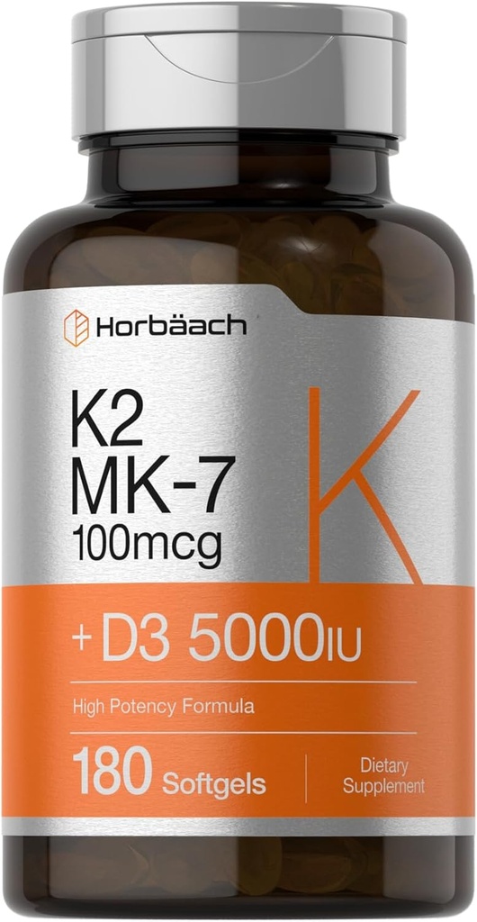 ホルバハチビタミンD3 K2 5000 iu | 100mcg MK-7 Complex | 180 Softgelカプセル | 非GMO&グルテンフリーサプリメント