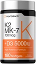 ホルバハチビタミンD3 K2 5000 iu | 100mcg MK-7 Complex | 180 Softgelカプセル | 非GMO&グルテンフリーサプリメント