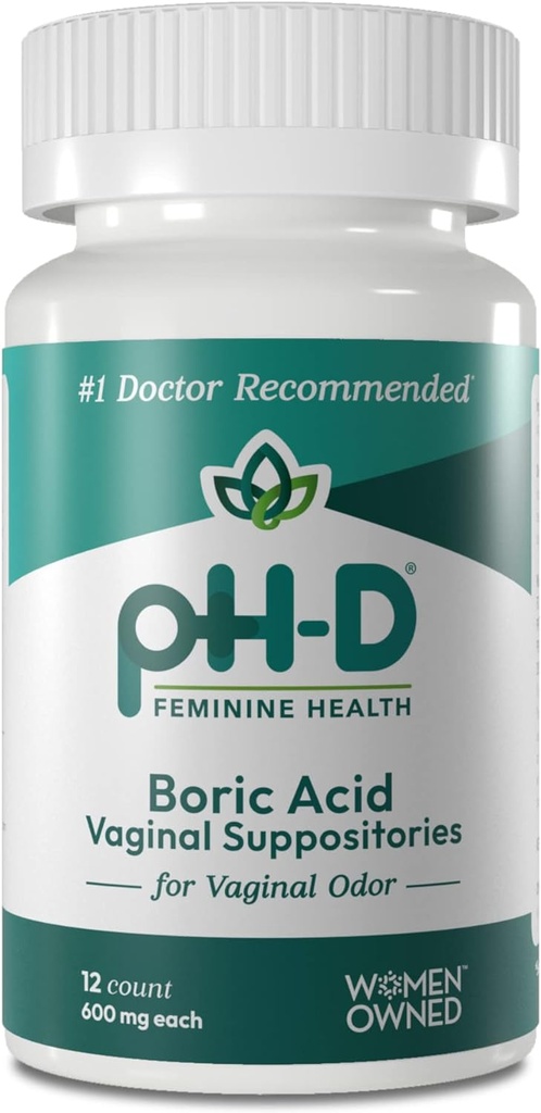 pH-D Feminine Health Support - 600 mg Boric Acid Suppositories - Woman Owned - for Vaginal Odor Use - 12 Count