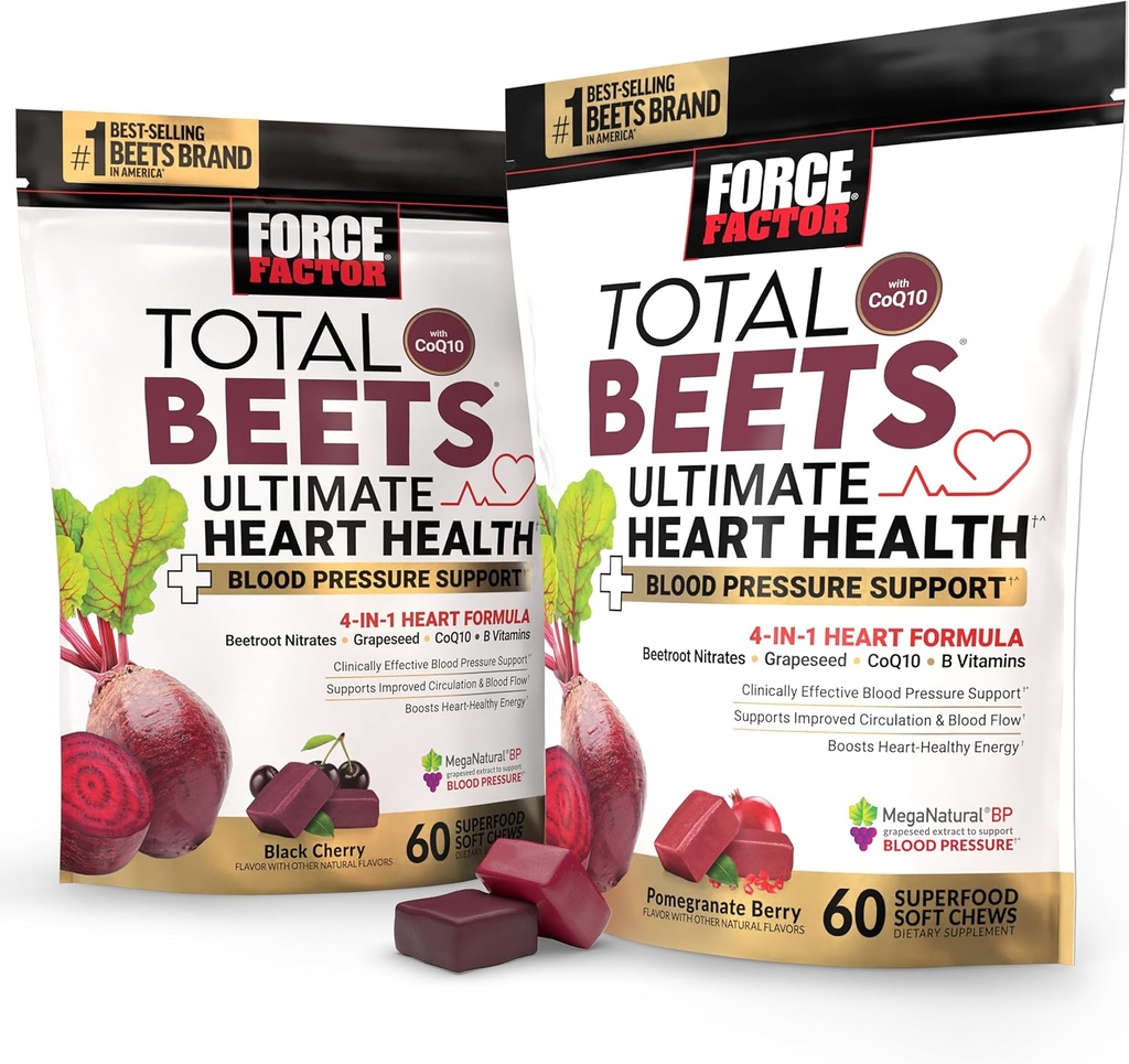 Bundle of Force Factor Total Beets Ultimate Heart Health Blood Pressure Support Chews with CoQ10, Beet Root Powder, Grape Seed Extract, Blood Pressure Supplement for Circulation & Blood Flow, 120 Soft
