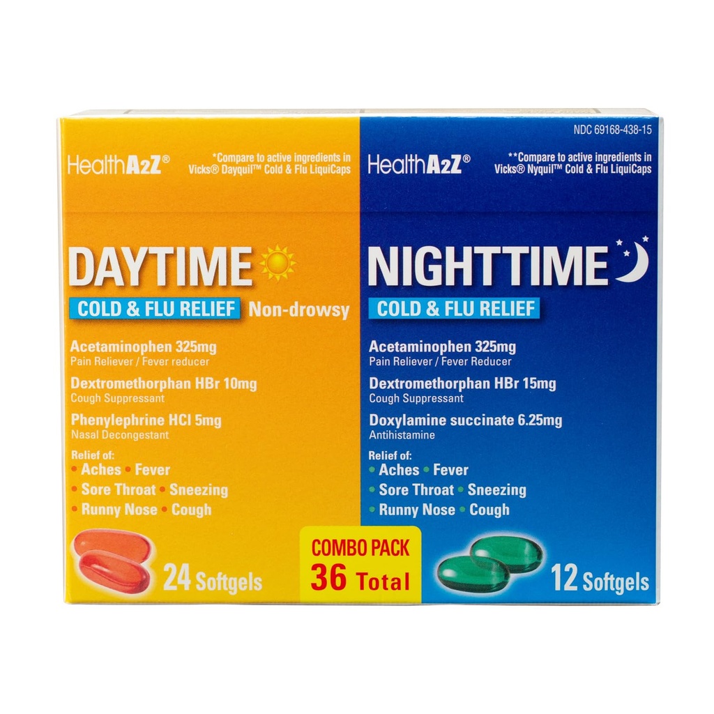 HealthA2Z® 昼と夜 | 風邪・インフルエンザ | 強力な複数症状の昼間と夜間の救済 (24 昼と 12 夜間のソフトゲル) (昼と夜のコンボ (36 カウントパック 1))