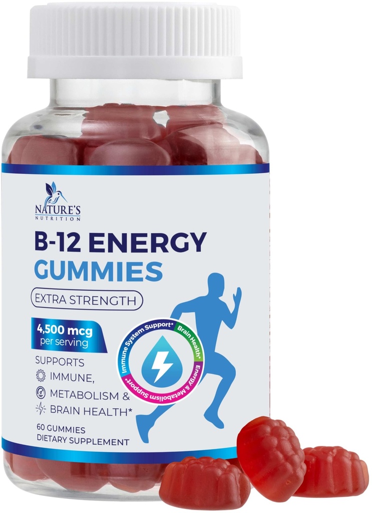 B-12ビタミンエネルギーガミー4500mcg - エネルギー代謝のための余分な強さB12のガミーのChewables&免疫サポート - 女性のための栄養補助食品、男性、および子供 - 非GMO、ビーガン、ベリー味 - 60カウント