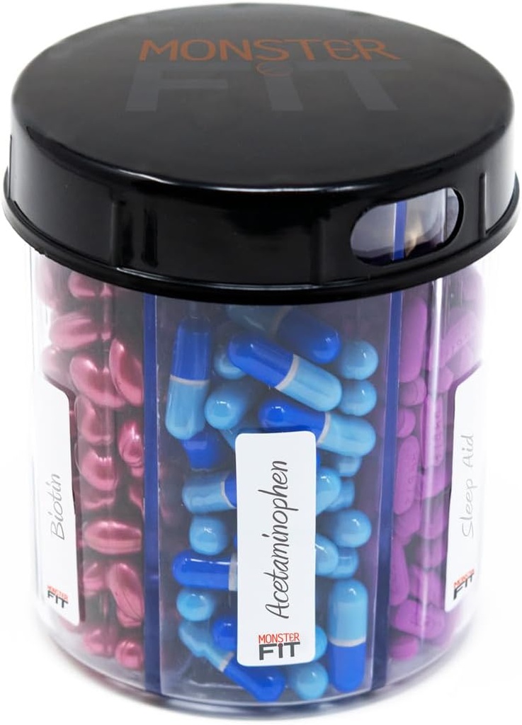 サプリメントピルディスペンサーボトル、6コンパートメント、ラベル、簡単なオープン、アンチミックス、毎月のビタミンオーガナイザー、モンスターフィットジュニアメディテーションホルダー(クリア、スモール)