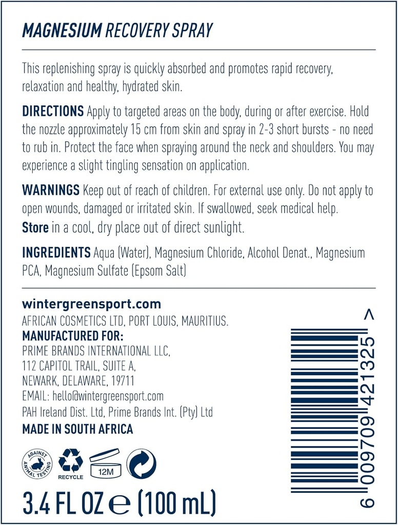 ウィンターグリーン マグネシウム ボディスプレー、3.4 の fl oz – 痛みの軽減のための回復霧を吸収します。, クラッピング, 筋肉の回復, 後の運動やスポーツのための非グレードの式