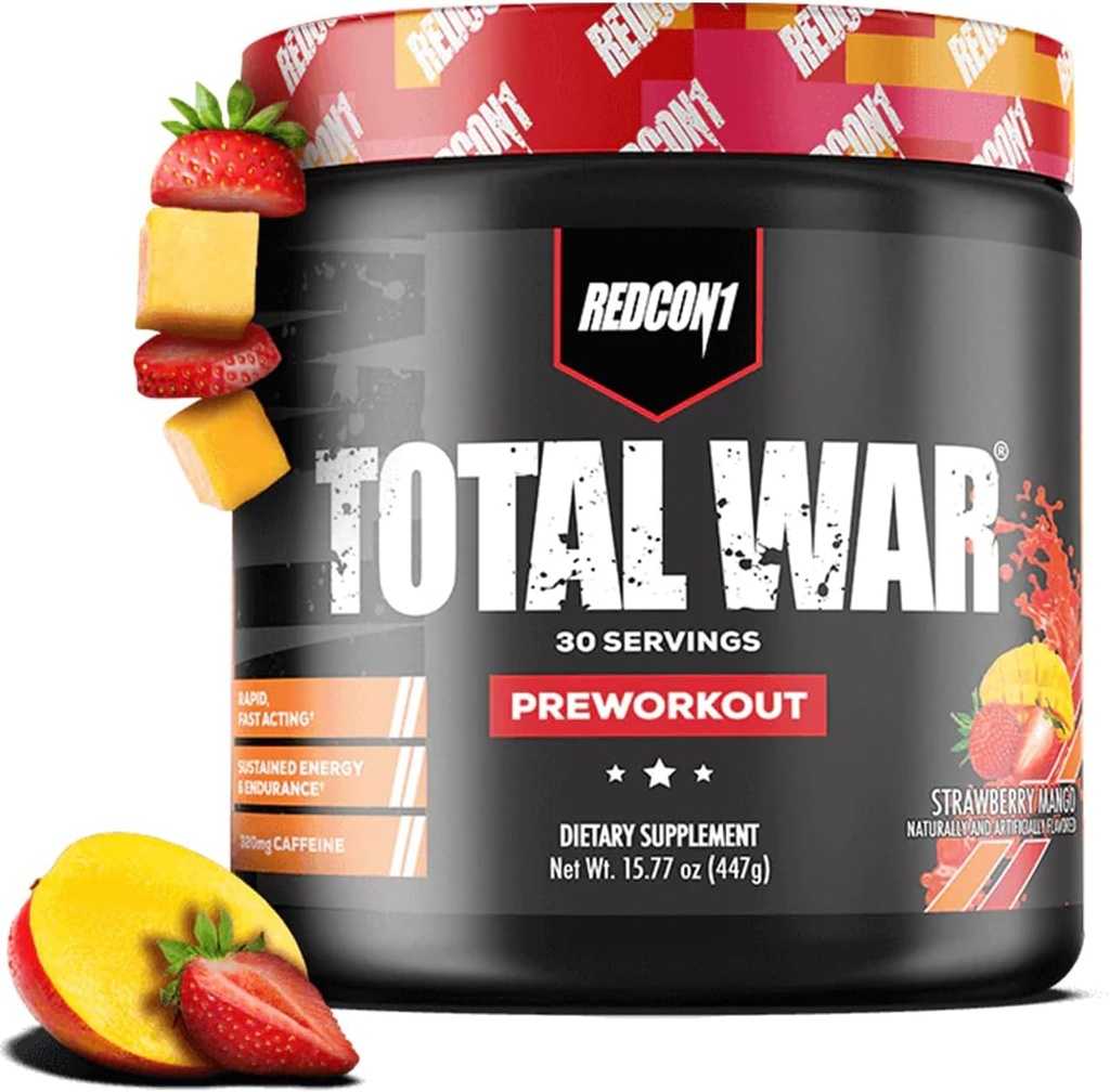 REDCON1 Total War Pre Workout, Strawberry Mango - L Citrulline, Malic Acid, Green Tea Leaf Extract for Pump Boosting Pre Workout for Women & Men - 3.2g Beta Alanine to Reduce Exhaustion, 30 Servings