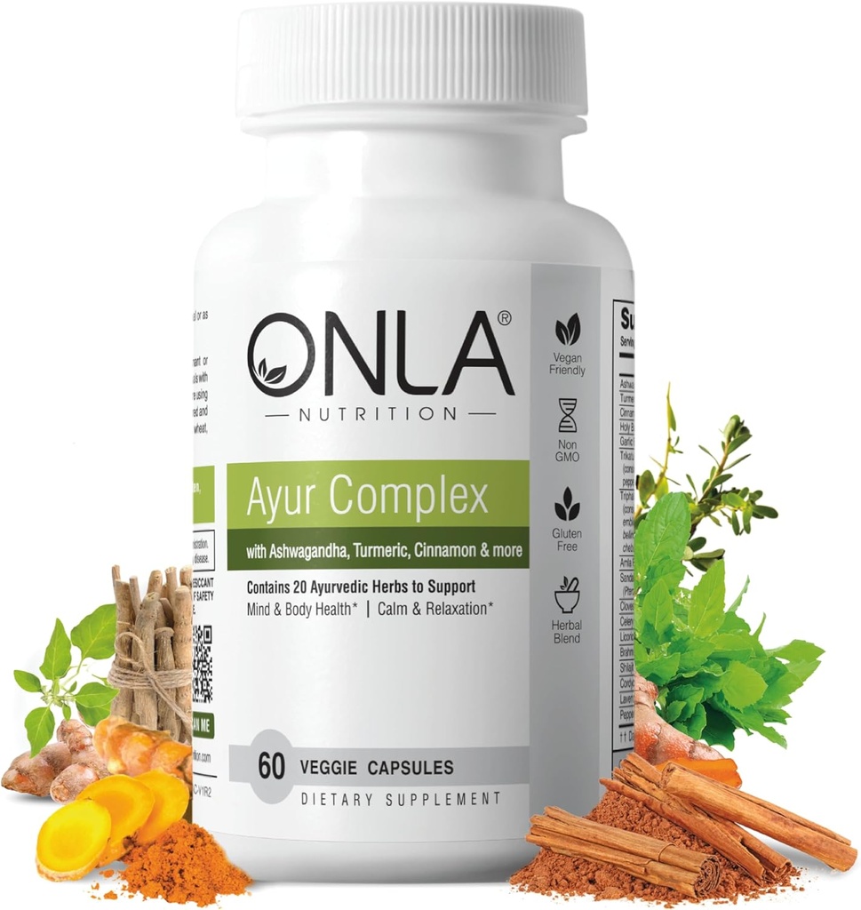 ONLA Vegan Ayurveda Herbal Supplements (20-in-1 Herbal Capsules) - Turmeric Supplements with Ashwagandha, Cinnamon, Triphala, Brahmi - Natural Ingredients, Herbal Energy Supplements (60 Cap)