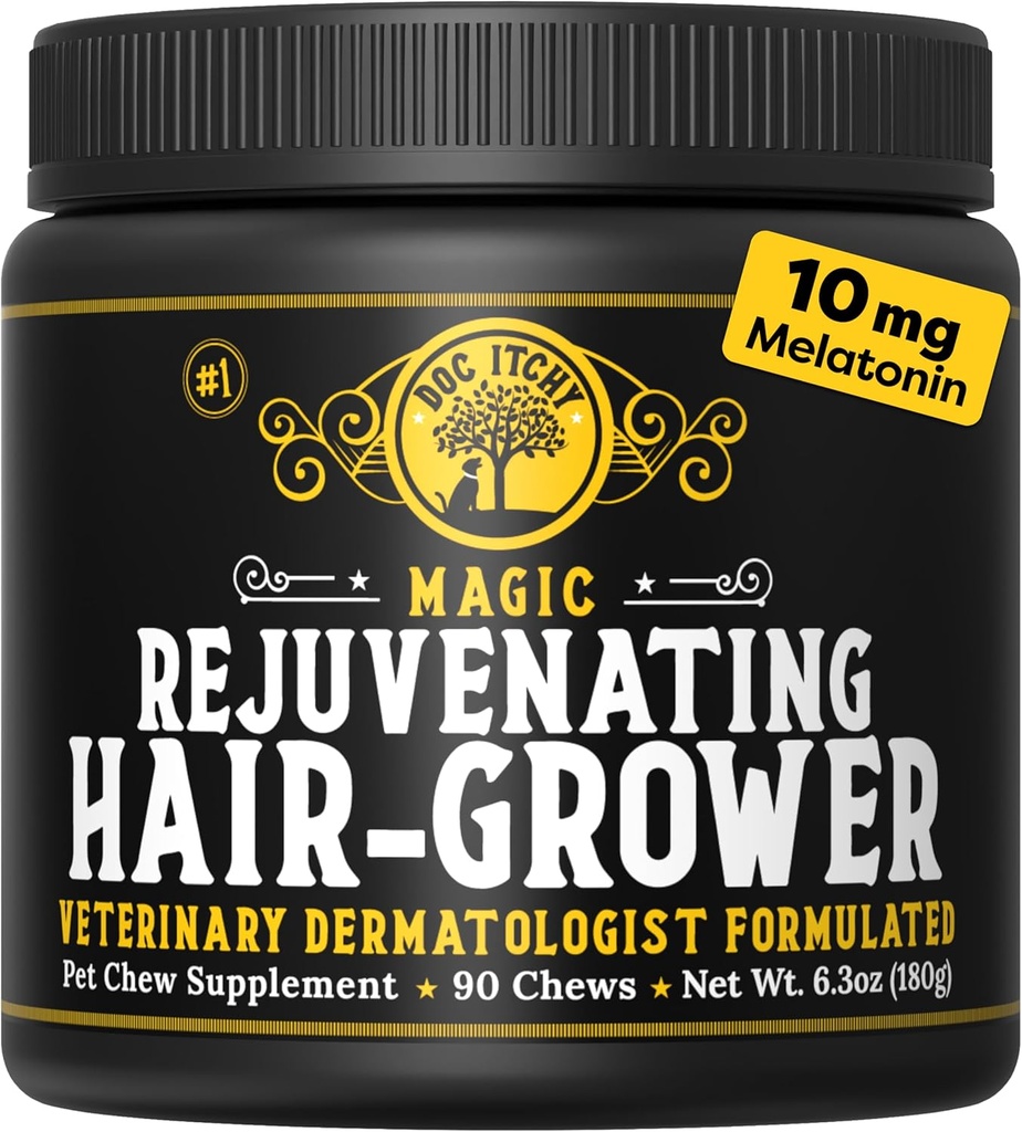 Doc Itchy Rejuvenating Hair-Grower Dog Pet Chews | 10mg Melatonin for Dog | 毛の成長ブースター | シニアドッグエンナージャイザー | カルミング | メディカルストレッチ | 食品アレルギー 安全 | ビーガン | 90 カウント