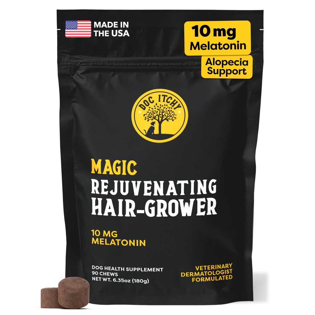 Doc Itchy Rejuvenating Hair-Grower Dog Pet Chews | 10mg Melatonin for Dog | 毛の成長ブースター | シニアドッグエンナージャイザー | カルミング | メディカルストレッチ | 食品アレルギー 安全 | ビーガン | 90 カウント