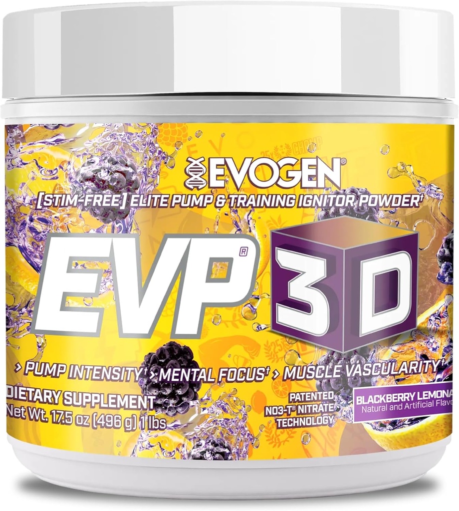 Evogen EVP-3D | Extreme Pre-Workout Pump Ignitor, Arginine Nitrate, Citrulline, Beta-Alanine, Lions Mane | BlackBerry Lemonade | 40 Servings