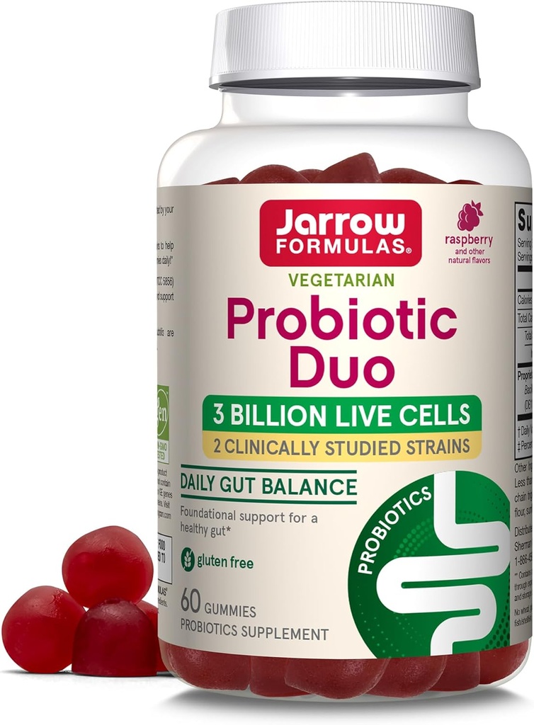 Jarrow Formulas® Probiotic Duo、3 Billion Live Cellsは、免疫の健康と消化器系サポート、60 Raspberry Flavor Probiotic Gummies、30 Day Supplyを補います