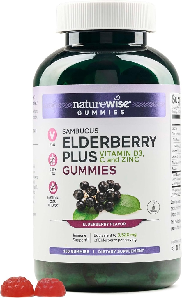 NatureWise Sambucus エルダーベリーグミー - ビタミンC、D3、亜鉛 - エルダーベリーと子供年齢のための免疫サポートサプリメント - ビーガン、非GMO - 180カウント[90日の供給]