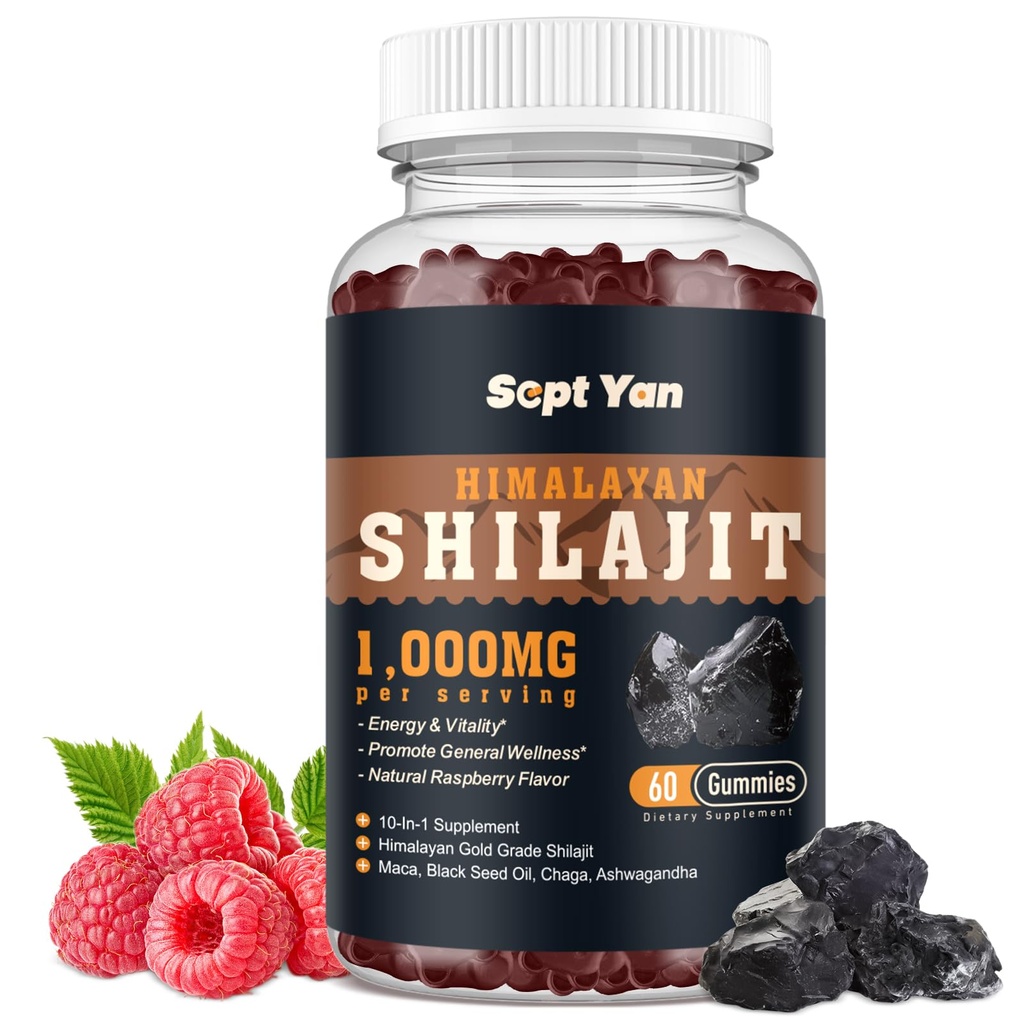 シラジット・グミー1000mg - シラジット・ピュア・ヒマラヤ・オーガニック・フォー・メン&ウィメンズ85+トレース・ミネラル・シラジット・レジンとアシュワガンダ、マカ、ブラックシードオイル - エネルギー、脳、免疫、砂糖無料ラズベリー60ct