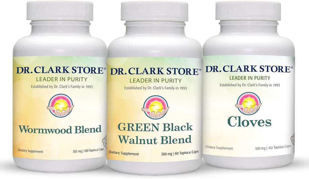 Dr Clark Store Intestine Support & Cleanse Kit - with Freeze-Dried Green Black Walnut Hulls, Wormwood, and Cloves-Helps Maintain Optimum Intestinal Function - Vegetarian Capsules
