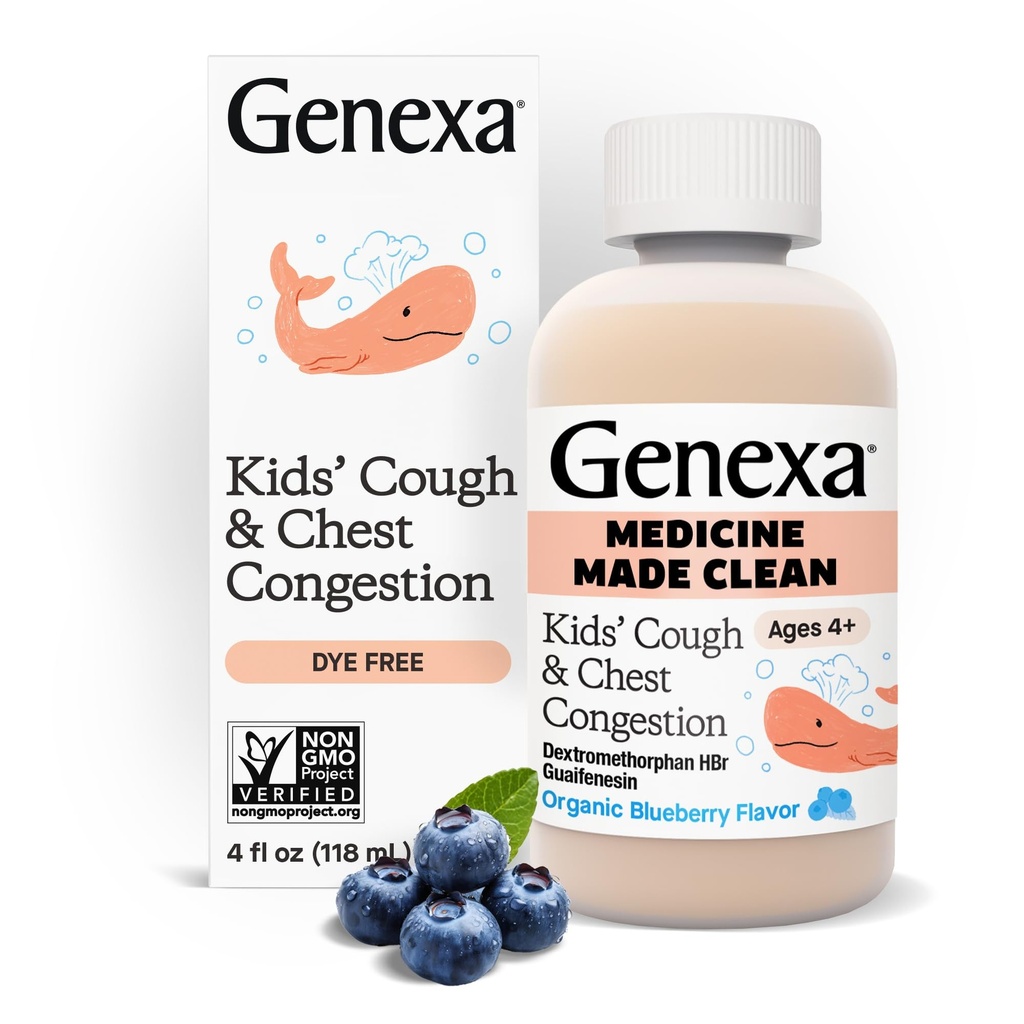 Genexaの子供のきれいな咳及び箱の混雑の薬、染料は自由、0%の人工的な添加物、子供のための多症状の咳のシロップ4-11、咳の抑制剤及び Expectorantの有機性ブルーベリーの味、4つのflのozを放します