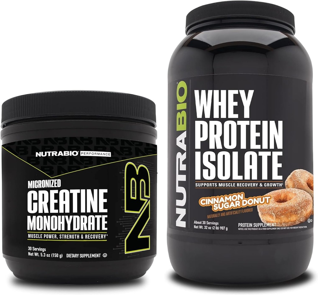 NutraBioクレアチンモノハイドレート、アンフレーバー、150gとウィープロテインアイソレート、シナモンシュガードーナ、サプリメントバンドル - 筋肉エネルギー、リーンマッスル成長、回復、および強度