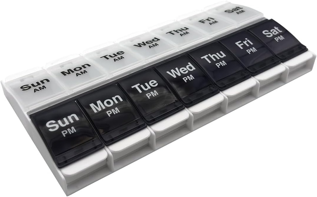 EZY DOSEの押しボタン(7日)の丸薬のプラナー、ビタミンのオルガナイザー、2日AM/PMの容器、X大コンパートメント、関節炎の友好的、楽な開いた、明確なふた、青/白、BPAは放します