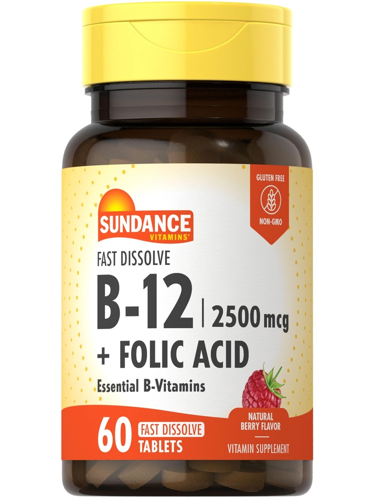 サンダンスファースト分解ビタミンB-12 | 葉酸で | 2500mcg | 60カウント | ナチュラルベリー風味 | ベジタリアン・非GMO・グルテンフリー対応サプリメント